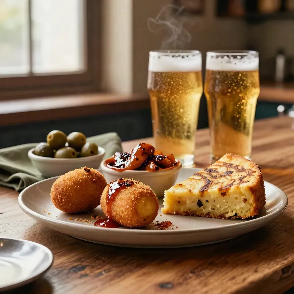 Tabla de tapas con croquetas, bravas, tortilla, aceitunas y dos cañas en un bar cálido.