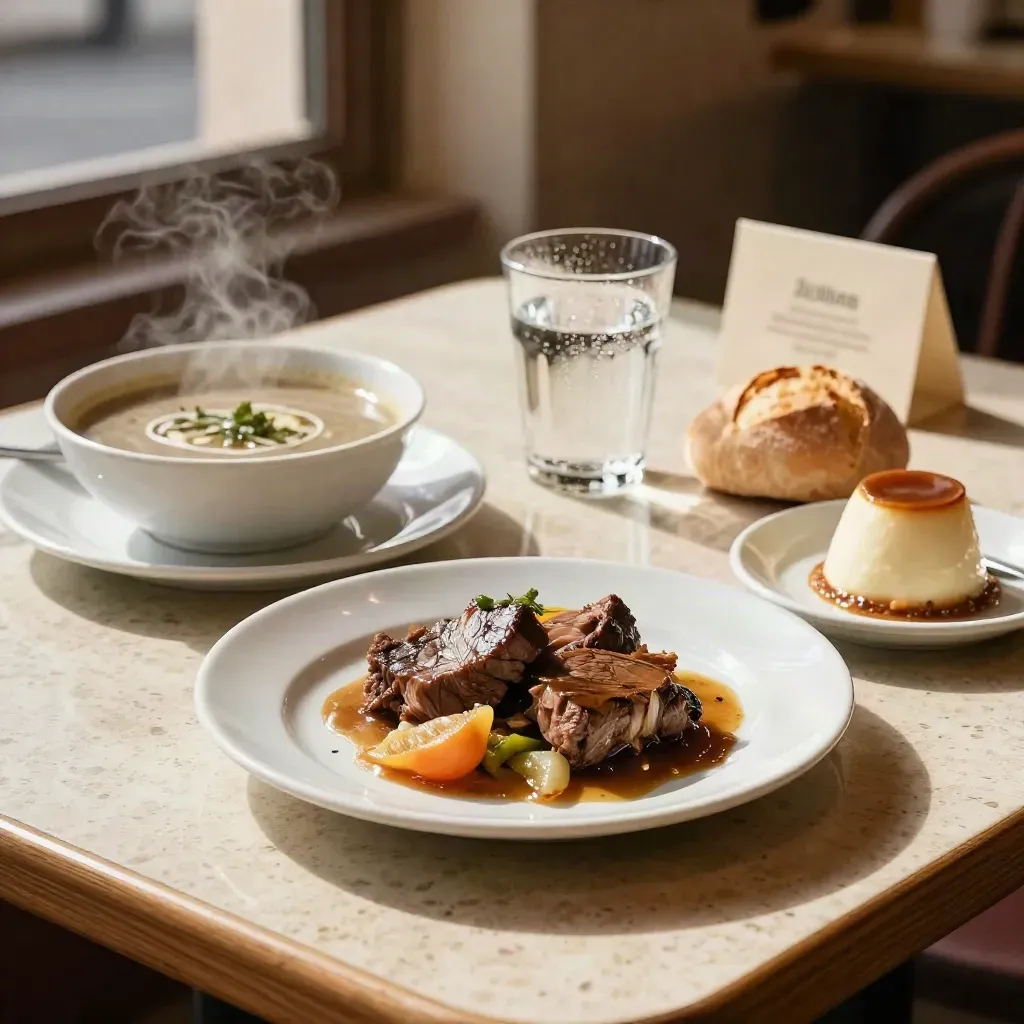 Comida del mediodía servida en mesa de cafetería con sopa, carne, pan, agua y postre pequeño.