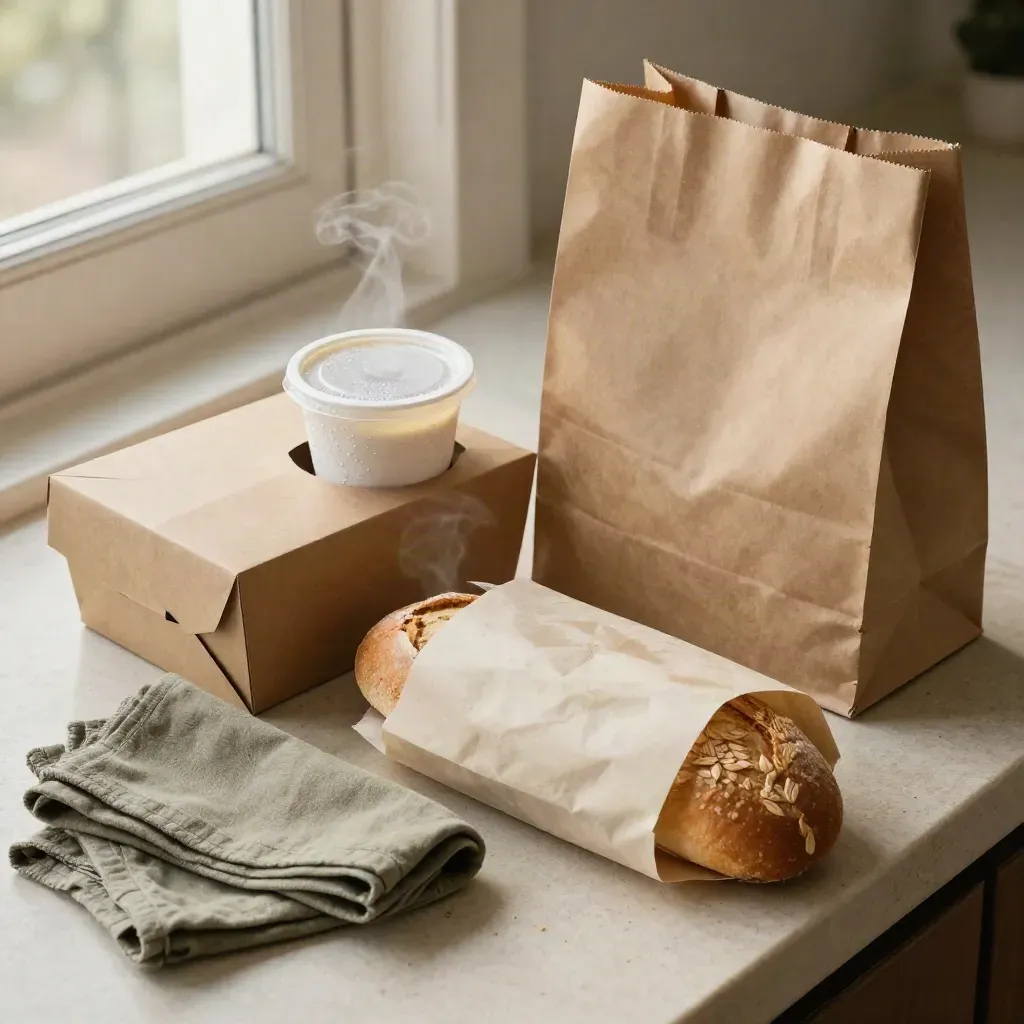 Pedido para llevar con caja kraft, sopa, pan y bolsa sin marca sobre mostrador.