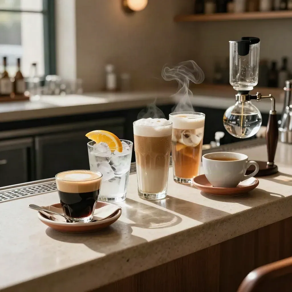 Bebidas sobre barra de piedra: café, vermut con hielo, caña, té y sifón.