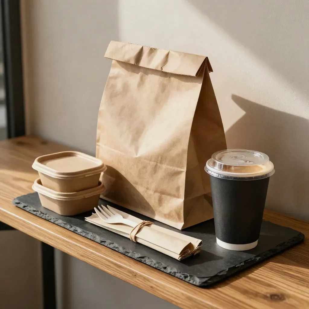 Bolsa kraft con recipientes cerrados, cubiertos envueltos y bebida lista en barra de recogida.