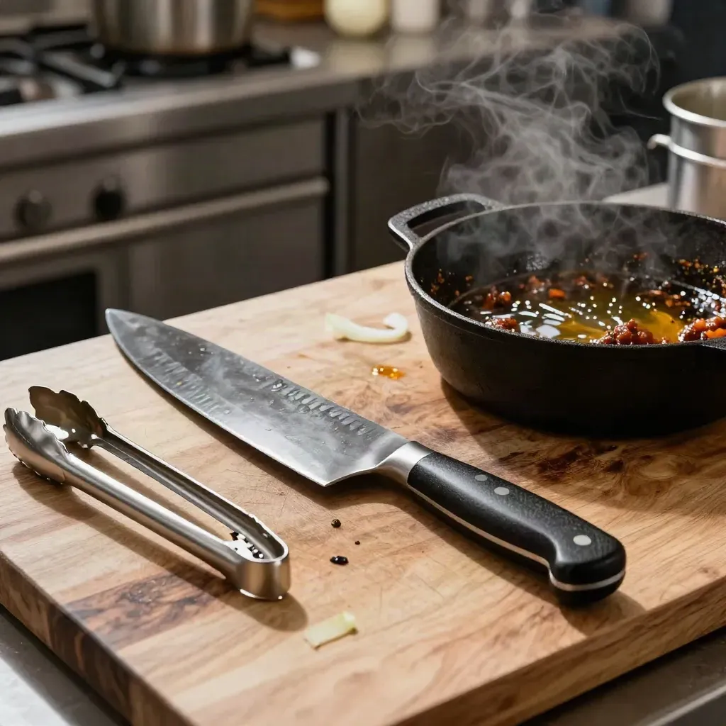 Cuchillo de chef, tabla marcada, pinzas y cazuela de hierro con sofrito en una cocina cálida.