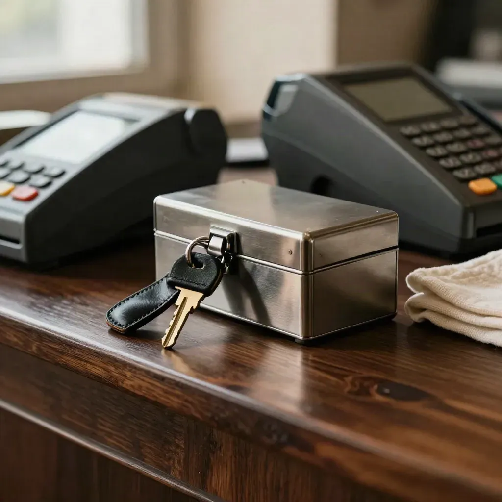 Llaves de servicio, caja y terminal apagado sobre mostrador oscuro de hostelería.