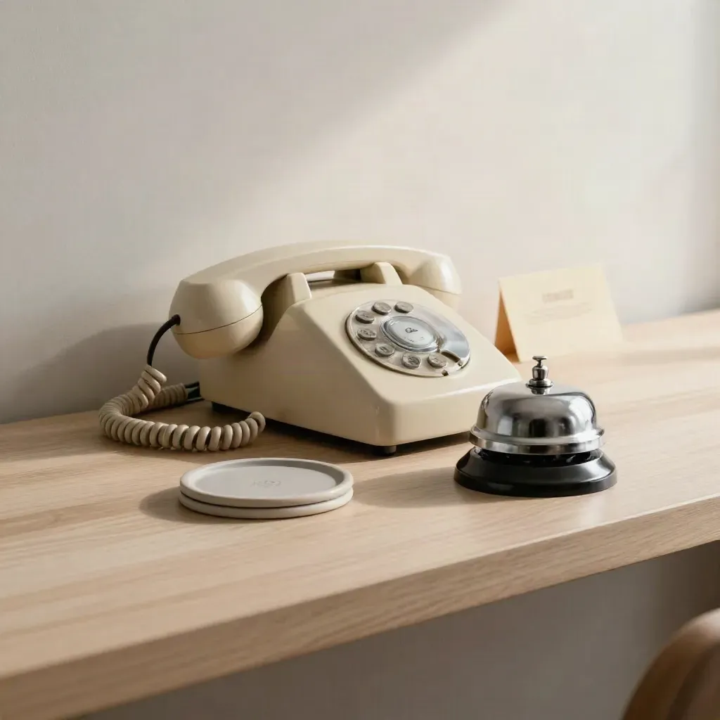 Teléfono vintage, campanilla y posavasos sobre madera clara en un mostrador de café.