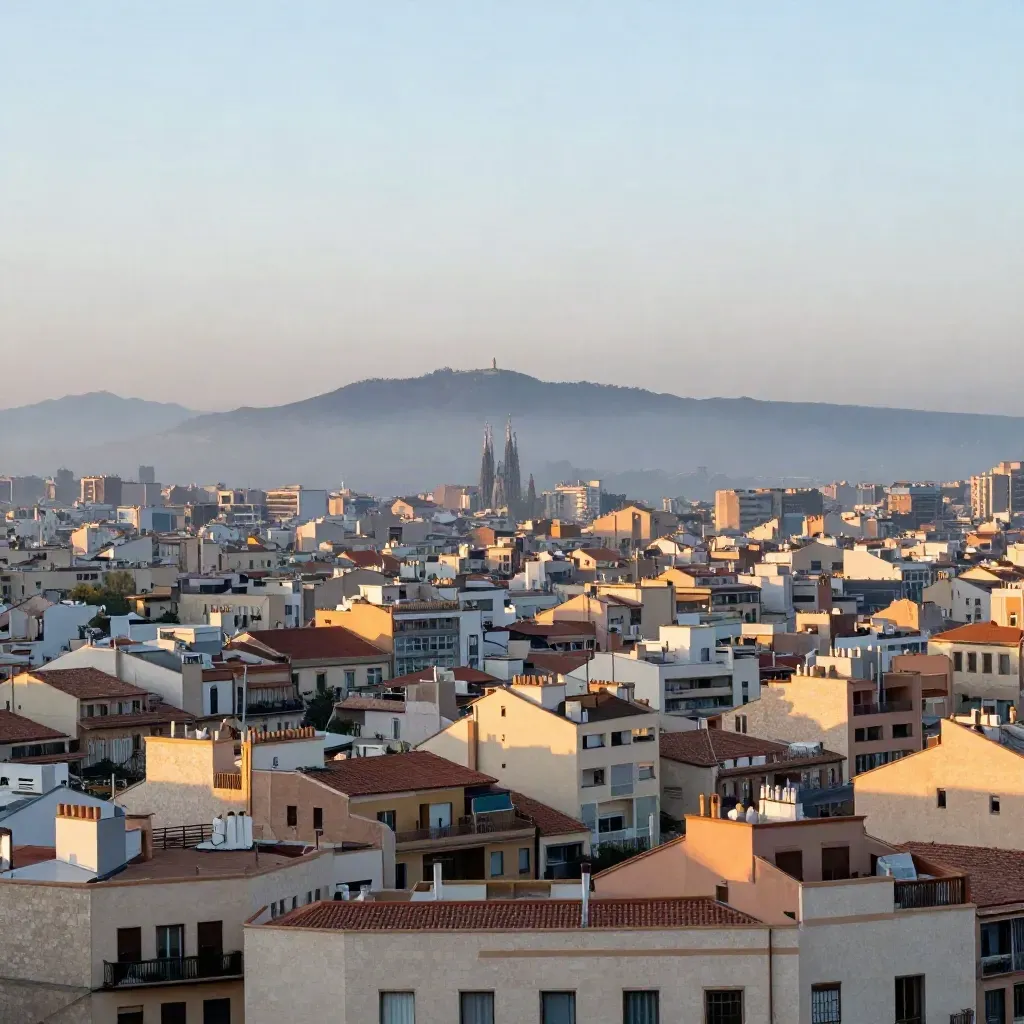 Barcelona al amanecer desde lo alto, con Eixample, Sagrada Família y Montjuïc en bruma azul.
