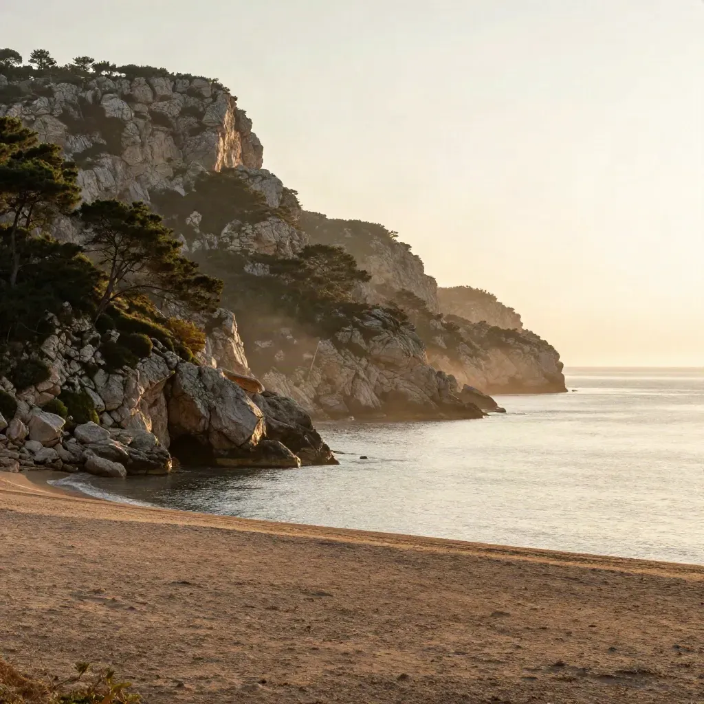 Acantilado del Maresme al atardecer con pinos, calas y mar en calma