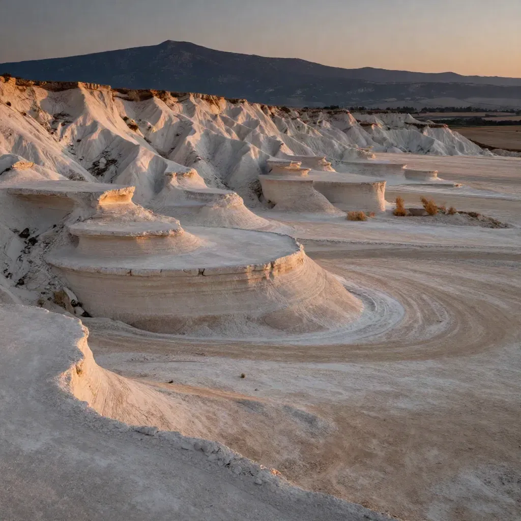 Vista alta del Vallès Occidental con piedra clara, tierras arcillosas y sierra en tonos suaves