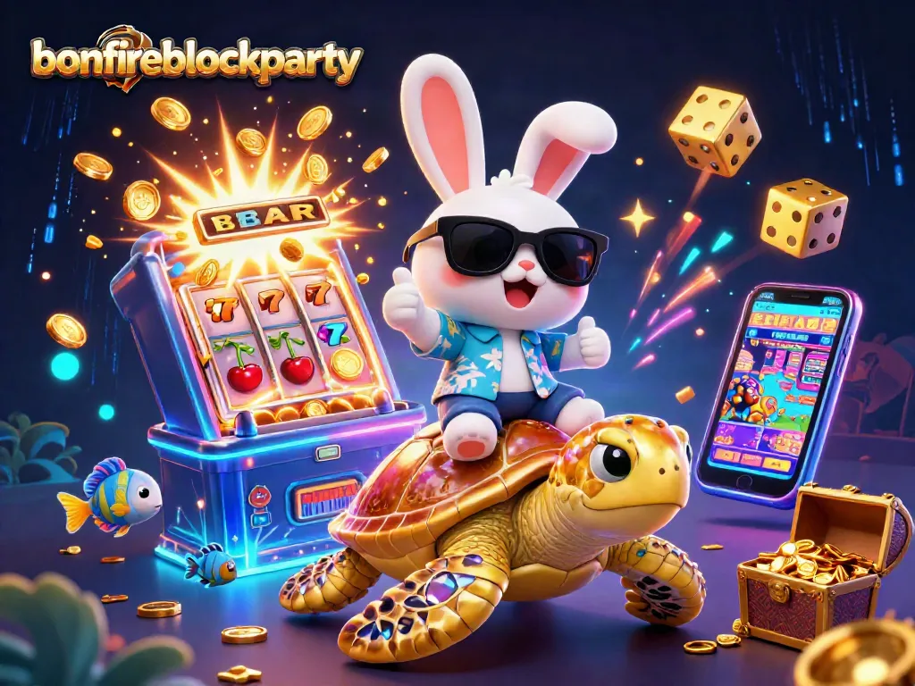 Bonfire Block Party features a lucky rabbit and golden turtle surrounded by vibrant casino elements.